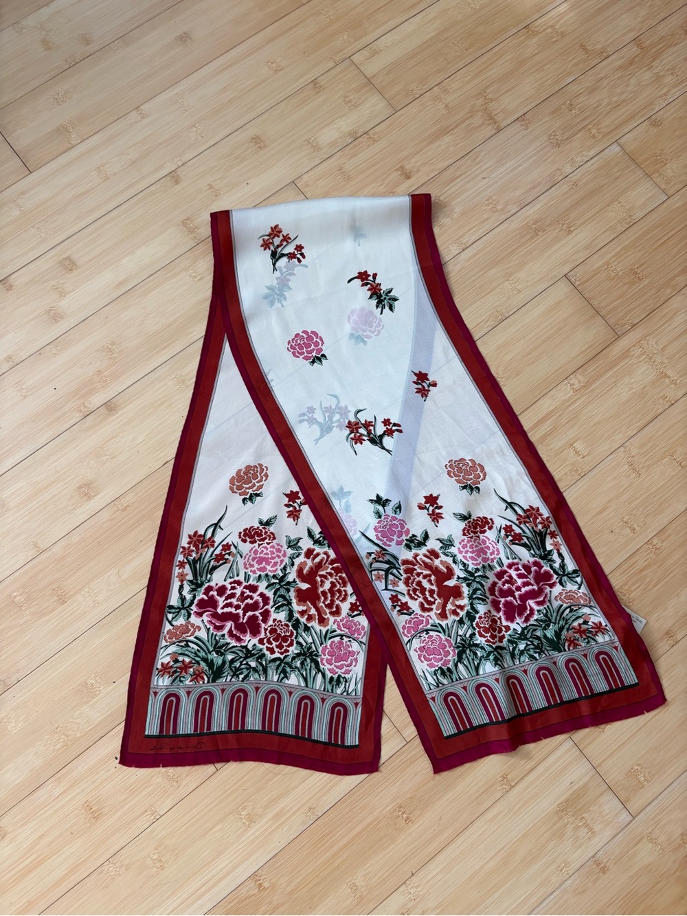 Oscar de la Renta Vintage Silk Scarf in Ivory, Rust, and Magenta